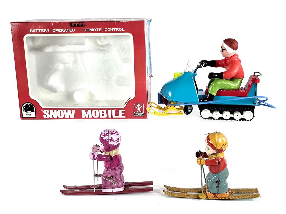Lot 249: (3) Bandai Snow Mobile Boxed w/Chein & Schylling Skiers