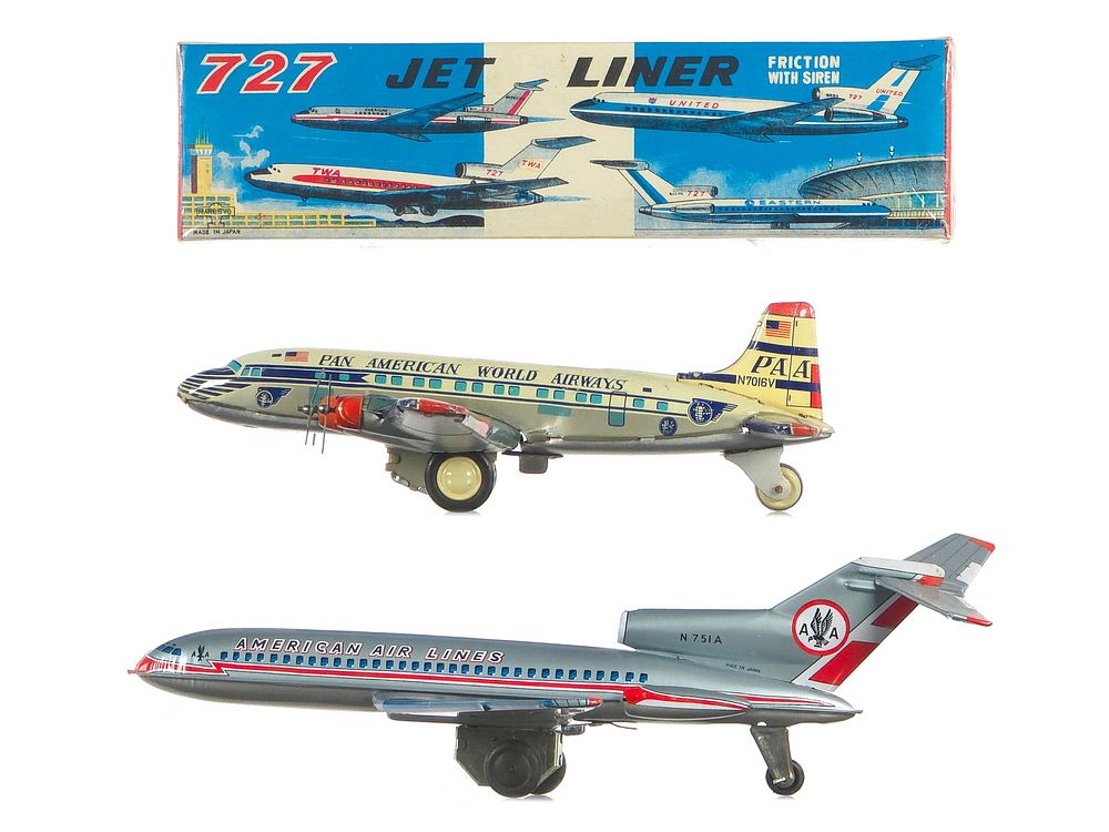 Lot 278: (2) Japanese Tin Planes American 727 Jetliner Boxed & Pan Am Planes