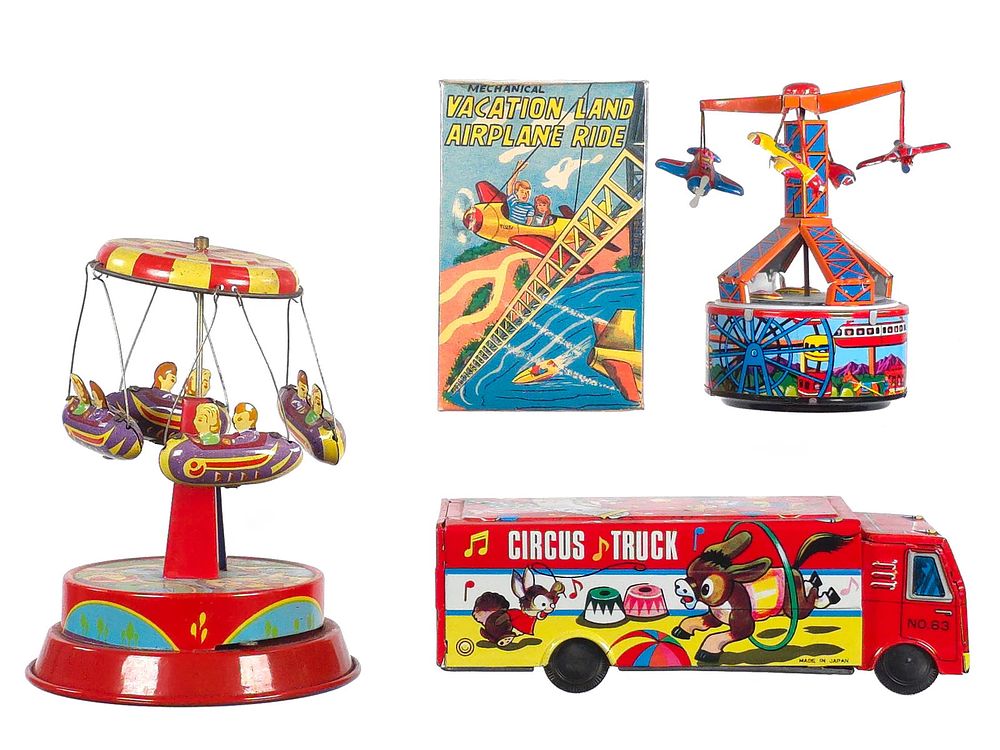 Lot 295: (3) Tin Circus/Carnival Toys Linemar Yone Schylling