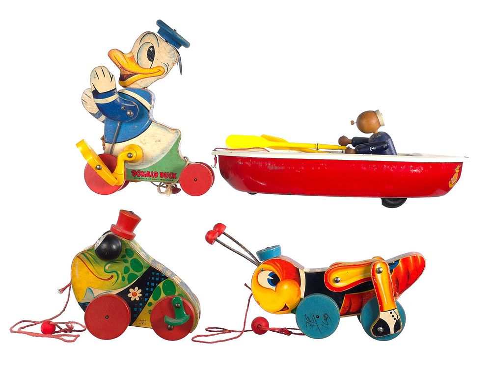 Lot 300: (4) Wooden Pull Toys Woodettes Popeye & Fisher-Price