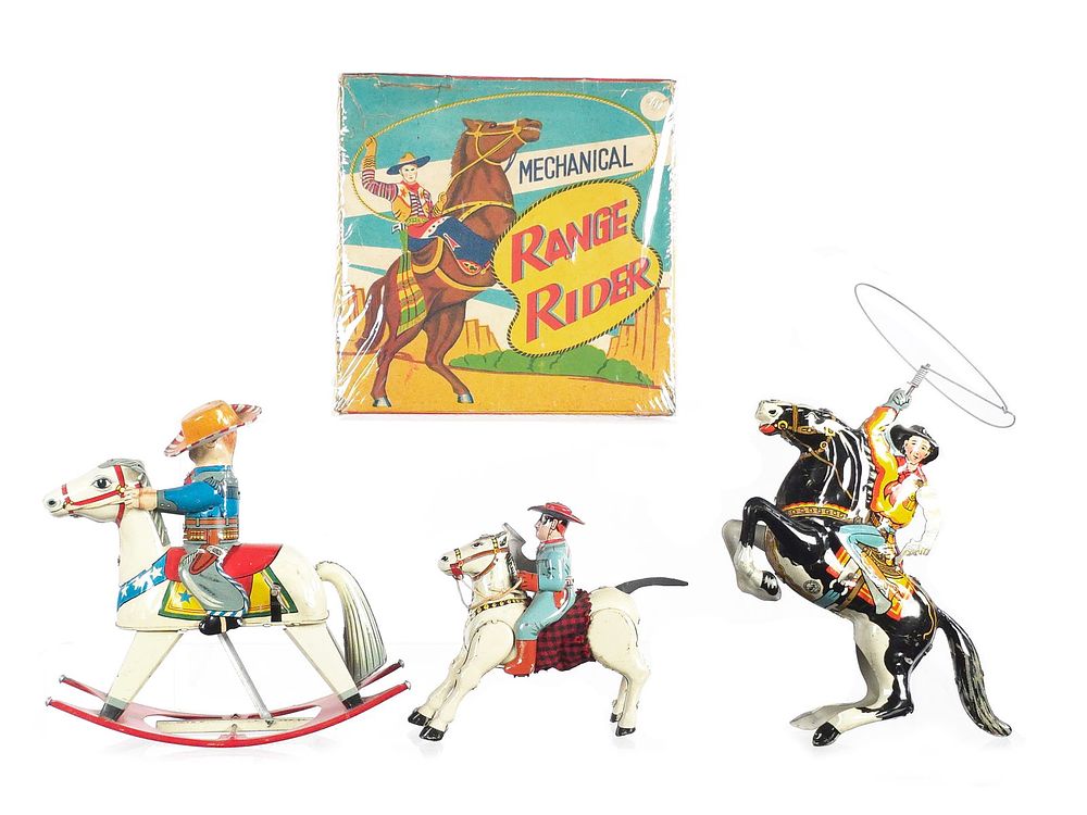 Lot 301: (3) Cowboy Toys Marx Cowboy Rider & Japanese Tin