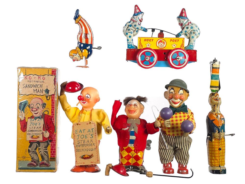 Lot 307: (6) Tin Windup Clowns Chein, Wyandotte, Japan