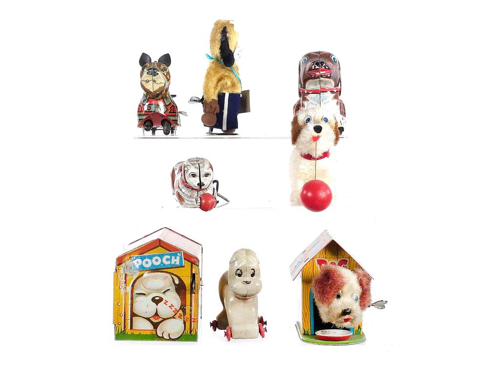 Lot 317: (7) Assorted Tin Litho Dogs & Dog House Toys