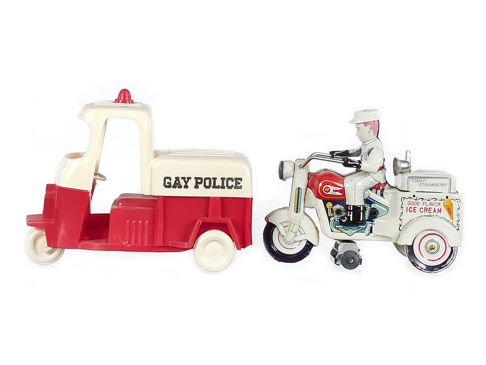 Lot 323: (2) Japanese Tin Ice Cream & Gay Police Cushman Trikes