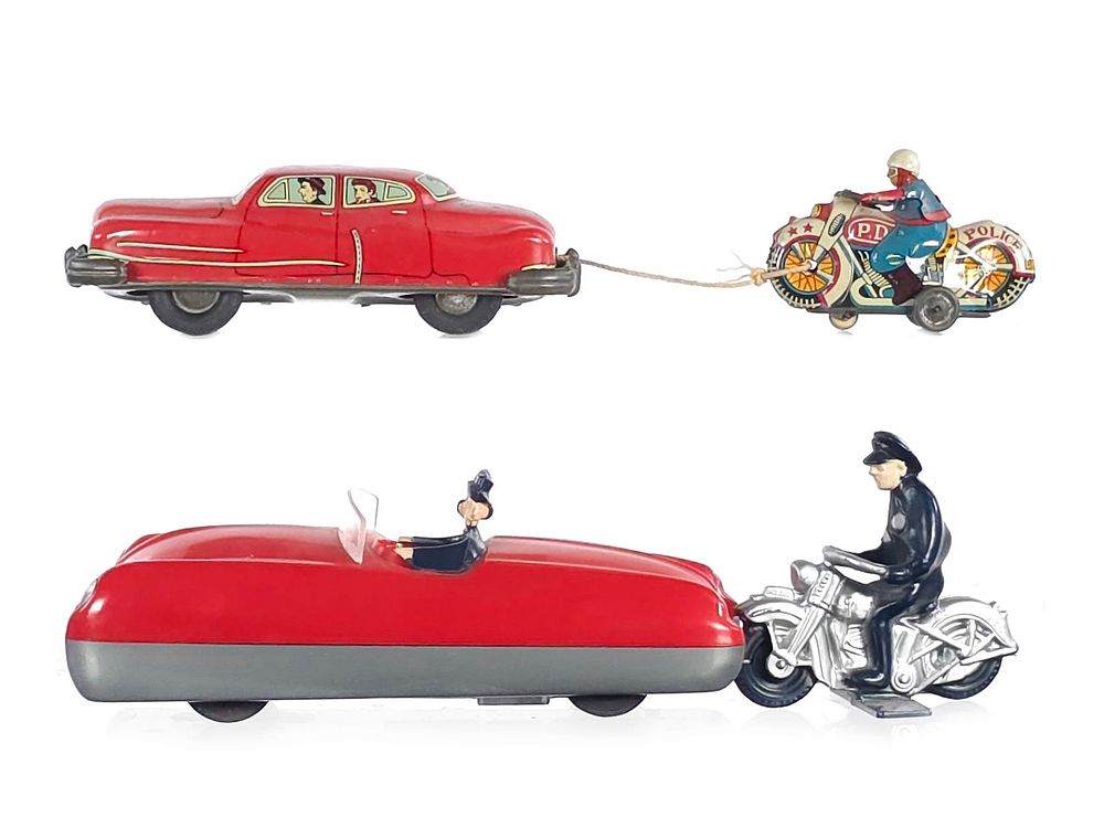 Lot 324: (2) Cars with Motorcycle Cops Hadson, Automatic Toy Co.