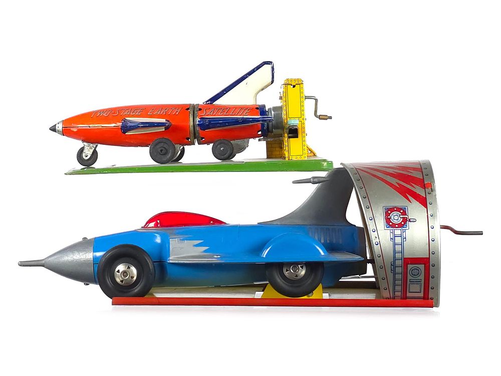 Lot 365: Linemar & Ideal Tin Rocket Cars with Launch Pads
