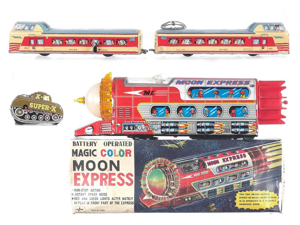 Lot 371: (3) Batt. Op./Windup Tin Train, Space & Tank Toys