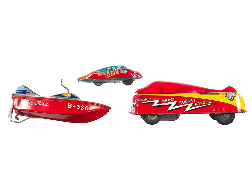 Lot 382: (3) Tin Toys Space Vehicles and Boat, Courtland & Japan