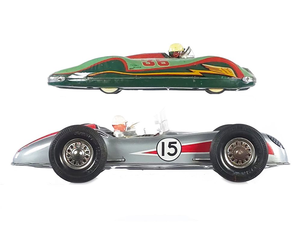 Lot 393: (2) Tin Friction Modern Toys #36 Racer & Joustra Racer