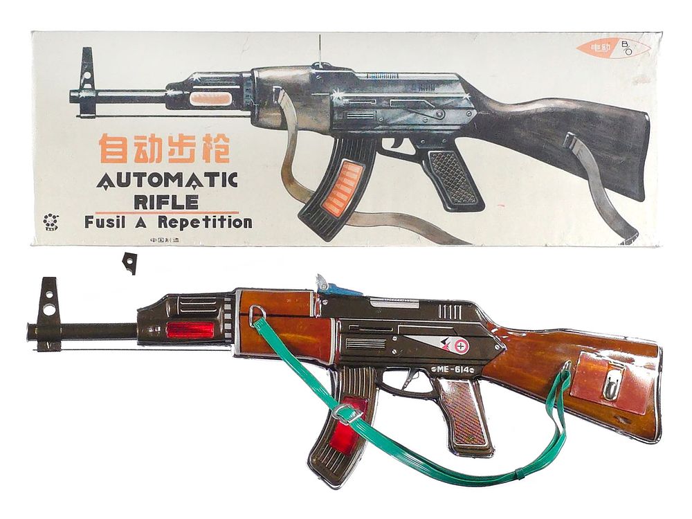 Lot 416: Tin Litho Batt. Op. Automatic Rifle ME 614 Boxed