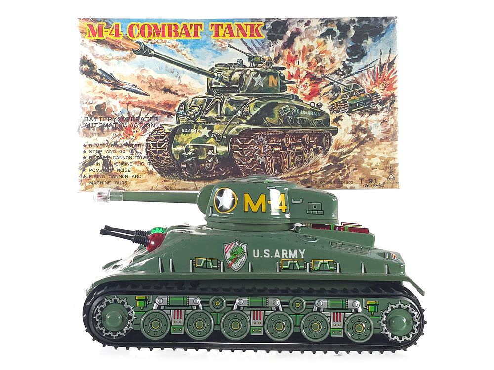 Lot 439: Taiyo Tin Litho Batt. Op. M-4 Combat Tank Boxed Japan
