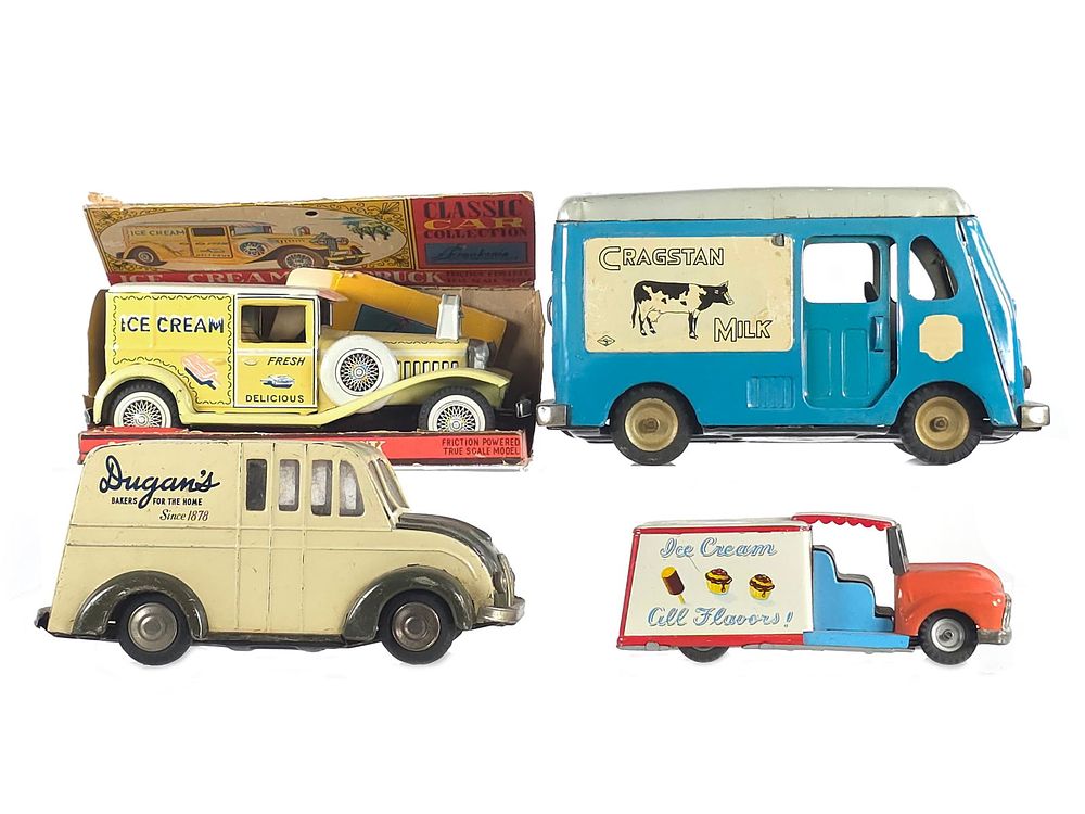 Lot 447: (4) Tin Litho Ice Cream & Milk Trucks