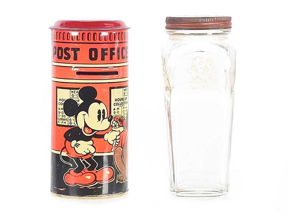 Lot 451: Mickey Mouse Post Office Bank & Mickey Mouse Glass Jar