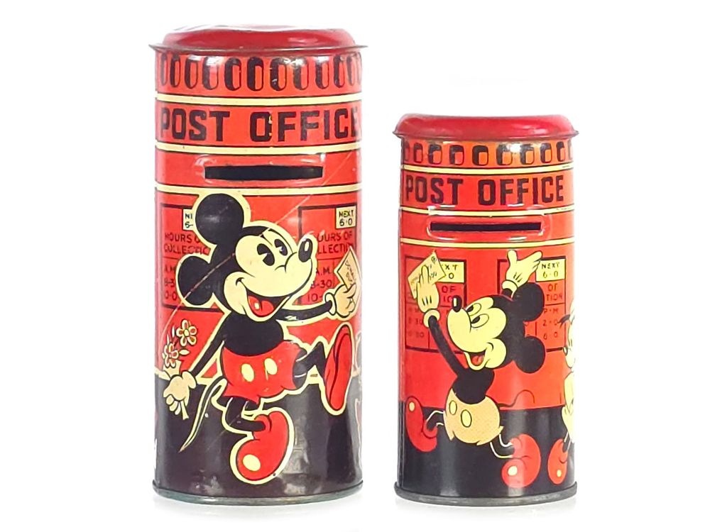 Lot 454: (2) Happynak Tin Mickey Mouse Post Office Banks