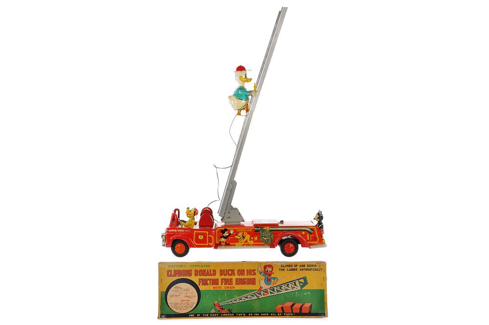 Lot 470: Rare Linemar Climbing Donald Duck Fire Engine Boxed