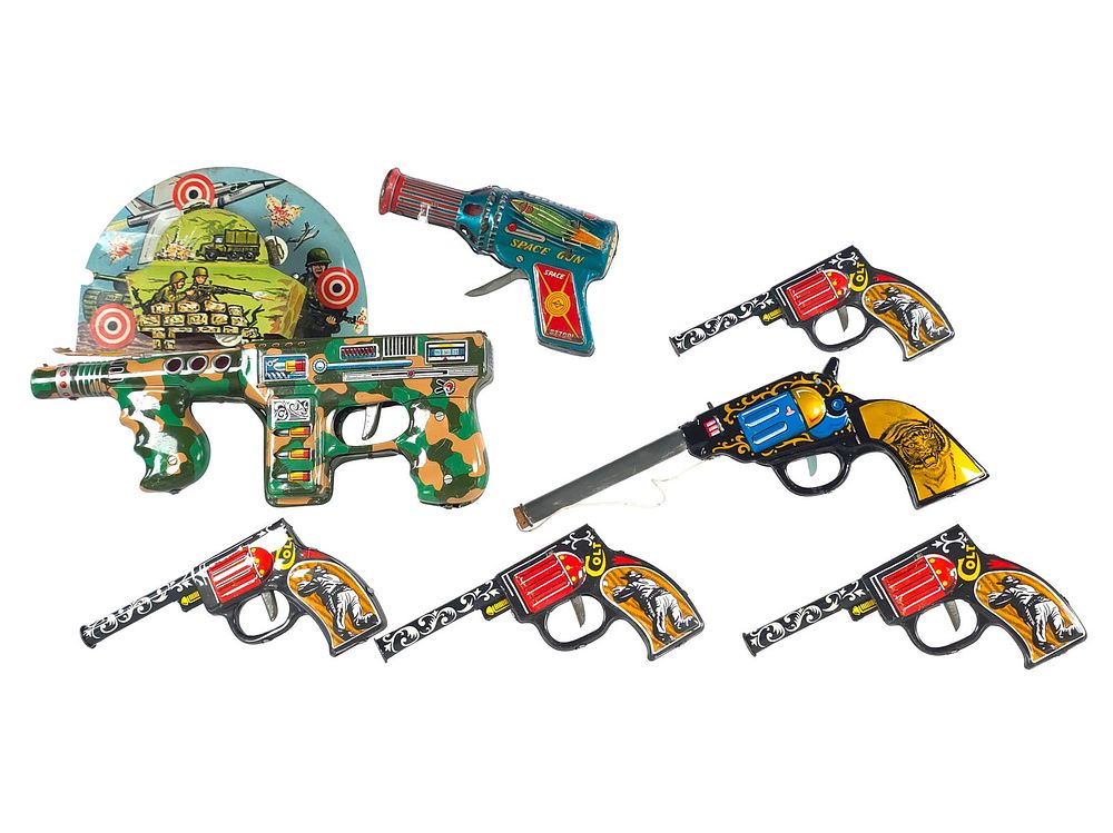 Lot 478: (7) Assorted Tin Litho Toy Guns w/Target