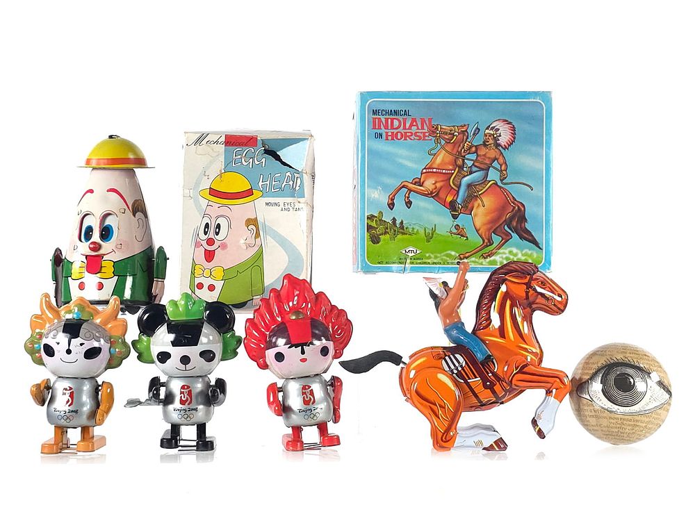 Lot 497: (6) Rare Beijing Olympics Fuwa & Other Weird Tin Windups