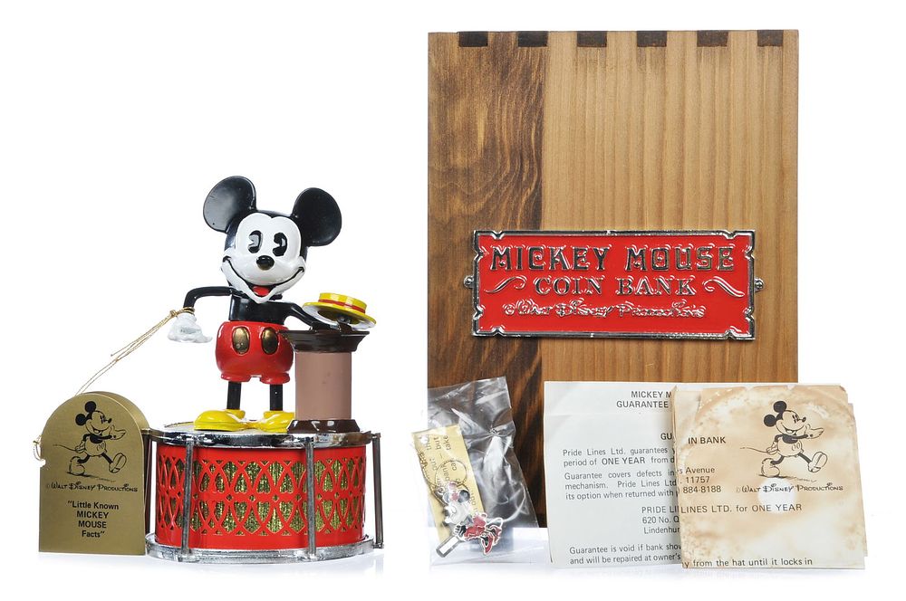 Lot 504: Pride Lines Mickey Mouse Coin Bank w/Original Wooden Box