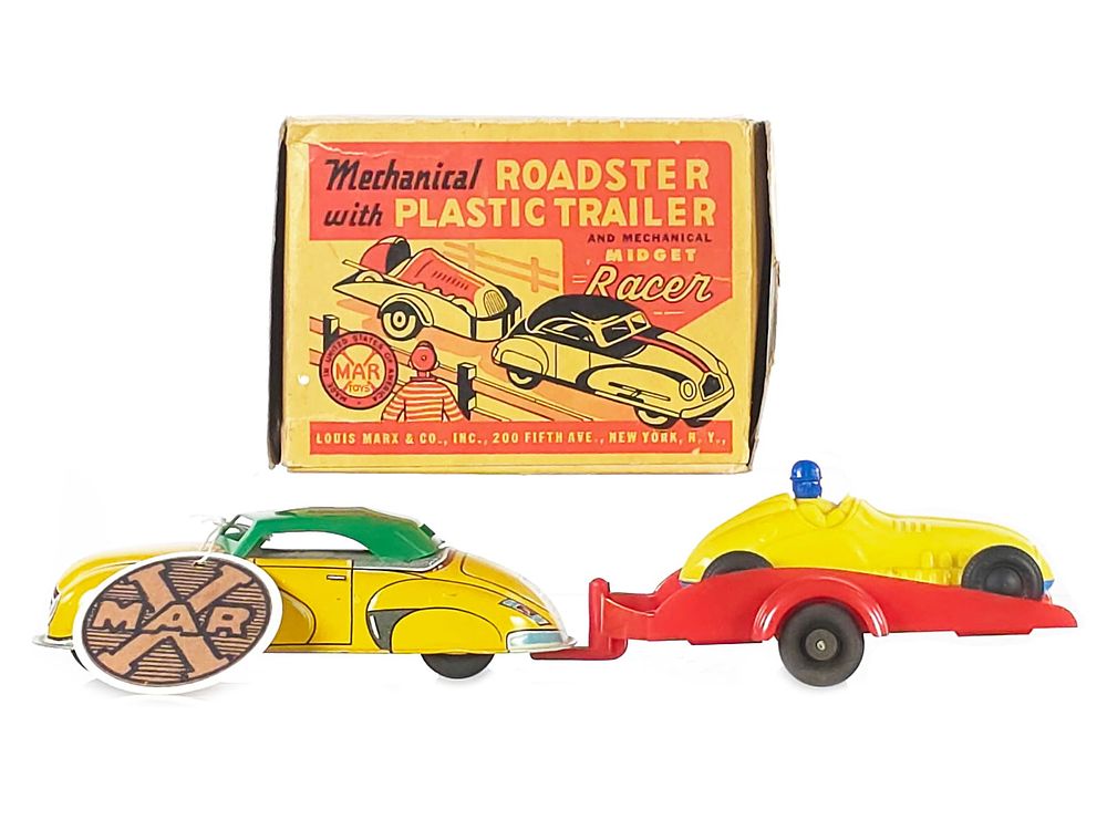 Lot 516: Marx 1949 Mechanical Roadster Racer on Trailer Boxed