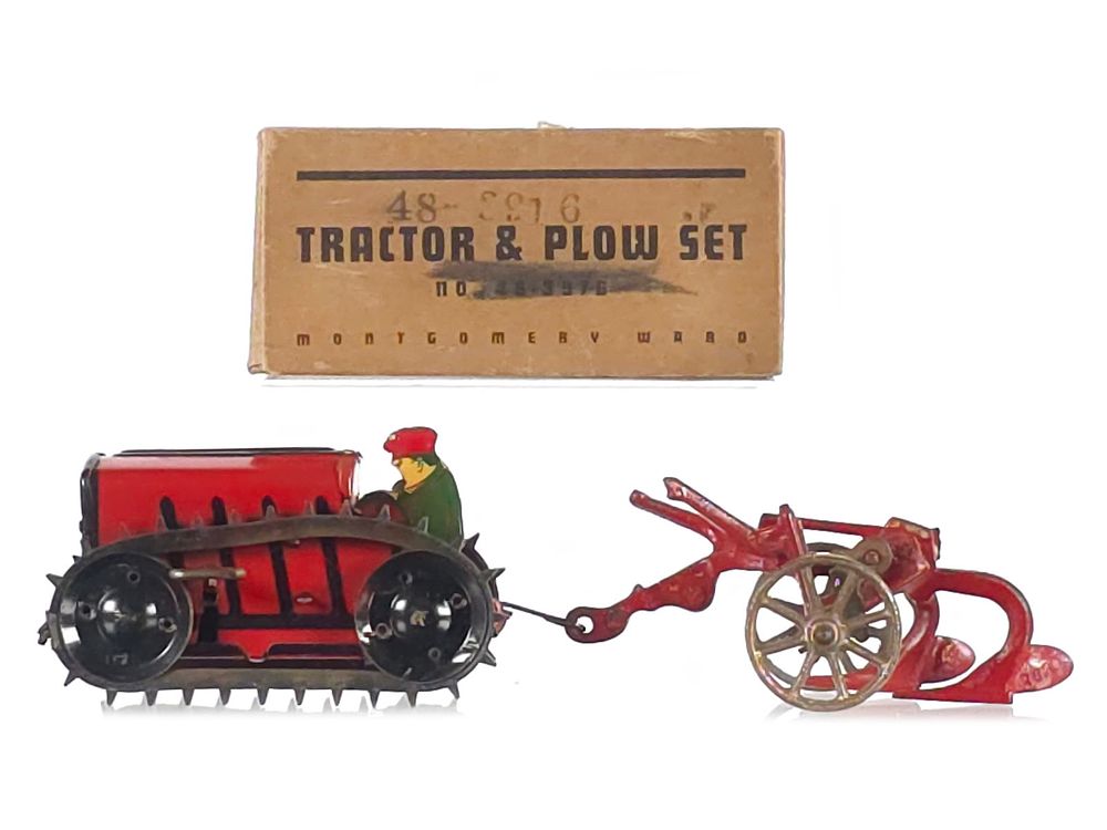 Lot 525: Extremely Rare Marx / Arcade 1937 Montgomery Wards Tractor & Plow Set Boxed