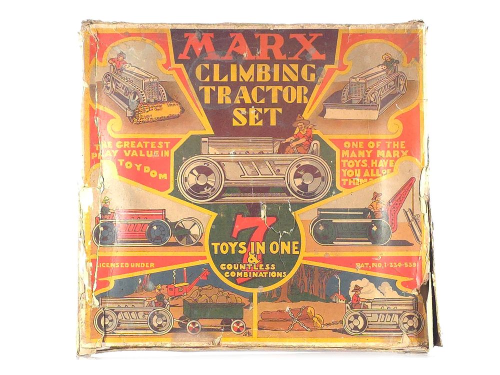 Lot 541: Marx 1932 7 Piece Climbing Tractor Set Boxed
