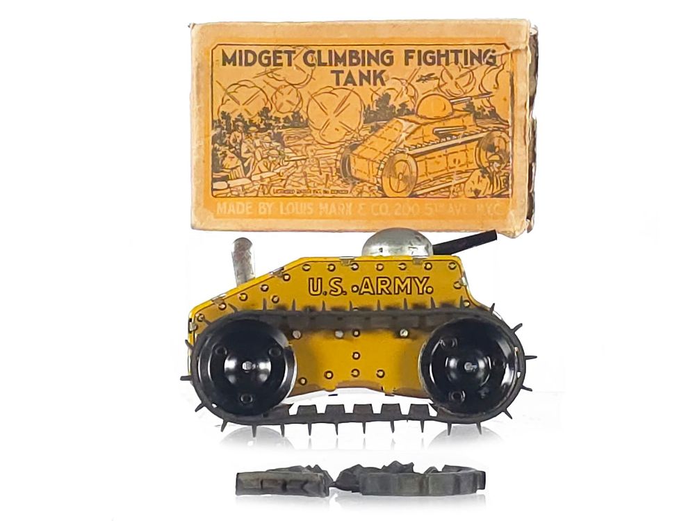 Lot 553: Mid-1930s Marx Midget Climbing Fighting Tank Version #3 Misprint Boxed