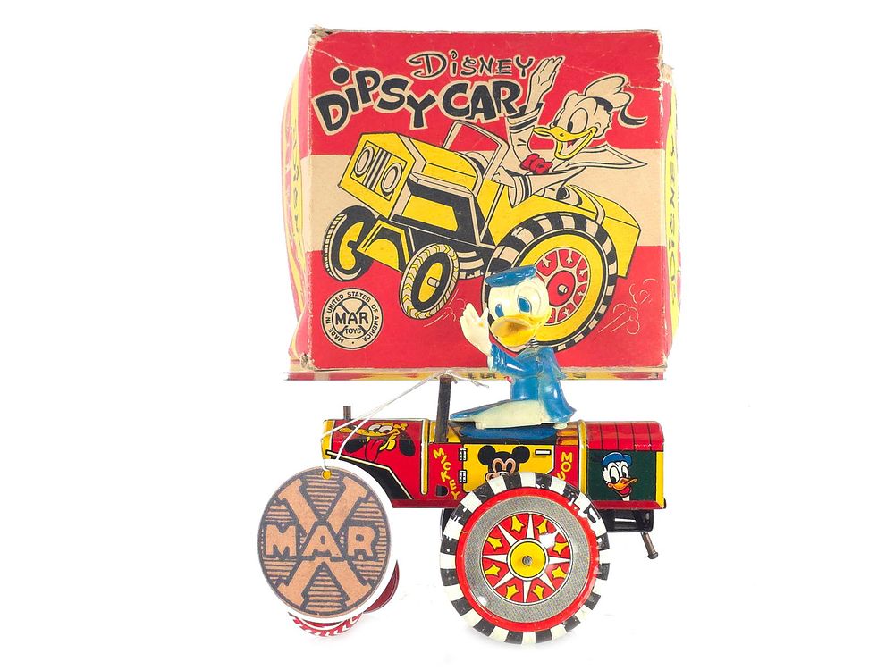 Lot 591: Marx 1953 Donald Duck Disney Dipsy Car, Boxed