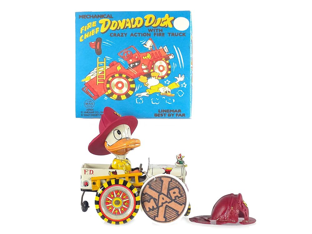 Lot 592: LineMar 1950s Fire Chief Donald Duck with Original Hat, Boxed