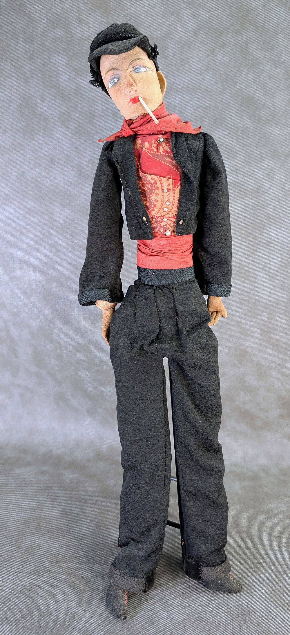 Lot 127K: 1920's French Smoking Boudoir Cloth Doll 26" Tall