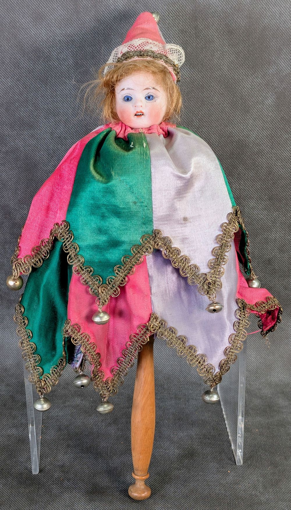 Lot 127M: Antique Musical Marotte Bisque Head Doll Toy