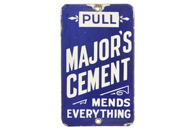 Major's Cement Mends Everything SSP Door Pull. This is a vintage single-sided porcelain Major's 