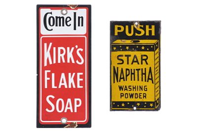(2) SSP Kirk's Flake Soap & Star Naptha Washing Powder Door Pushes. These are vintage original 