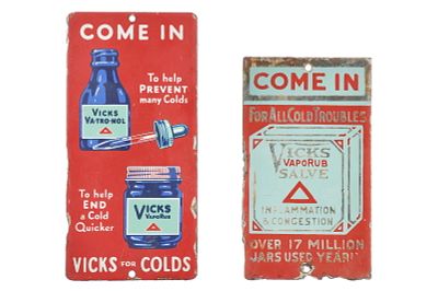 (2) Come In Vicks for Colds Advertising Porcelain Door Pushes. These are vintage single-sided 