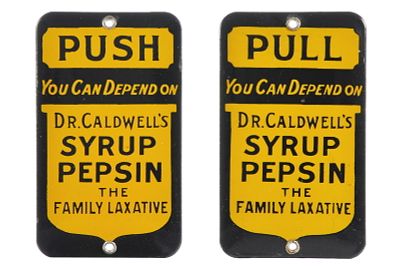 (2) Dr. Caldwell's Syrup Pepsin Convex Porcelain Door Push & Pull. A set of two Dr. Caldwell's 