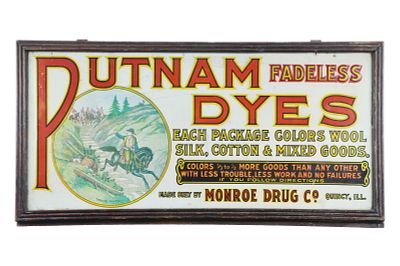 Putnam Fadeless Dyes Wooden Tin Front Cabinet. This is a wooden advertising display cabinet for 