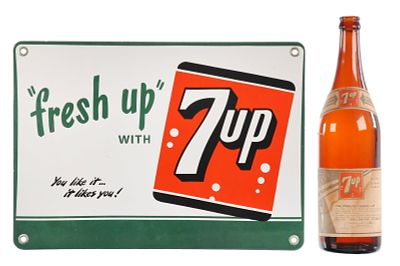 "Fresh Up" with 7up SSP Sign & 1939 7up Bottle. A single-sided porcelain "Fresh Up with 7Up" 