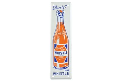 Thirsty? Just Whistle SSP Soda Advertising Sign. This is a single-sided porcelain "Thirsty? Just 