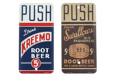 (2) Porcelain Kreemo & Swallows Old Fashion Root Beer Door Pushes. These are porcelain "Push" 