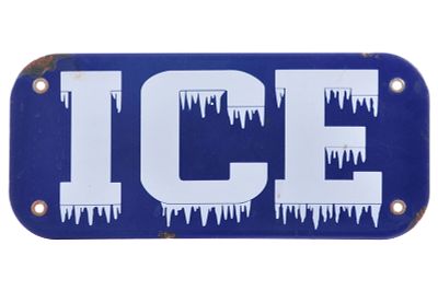 "ICE" Single-Sided Porcelain Sign. A heavy vintage single-sided porcelain "ICE" sign with a dull 