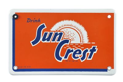 "Drink Sun Crest" Soda Porcelain Advertising Sign. This is a vintage single-sided porcelain 