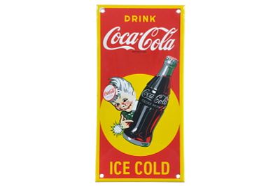 "Drink Coca-Cola, Ice Cold" SSP Advertising Sign. This image shows a vintage single-sided 