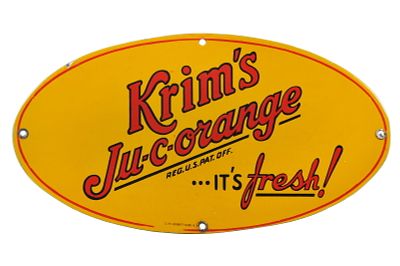 "Krim's Ju-c-orange...It's Fresh!" Porcelain Advertising Sign. A bright vintage single-sided 