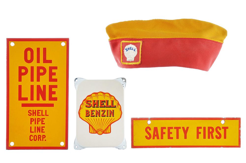 Lot 158: (4) Shell Gasoline & Oil SSP Signs & Attendants Hat