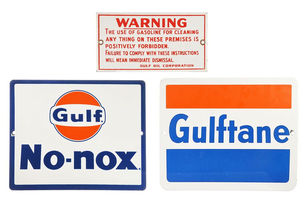 Lot 160: (3) Gulf Oil Gulf No-Nox, Gulftane Pump Plates & SSP Sign