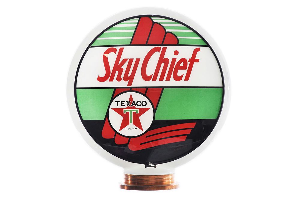 Lot 179: Texaco Sky Chief 3 pc. Milk Glass Gas Pump Globe Complete