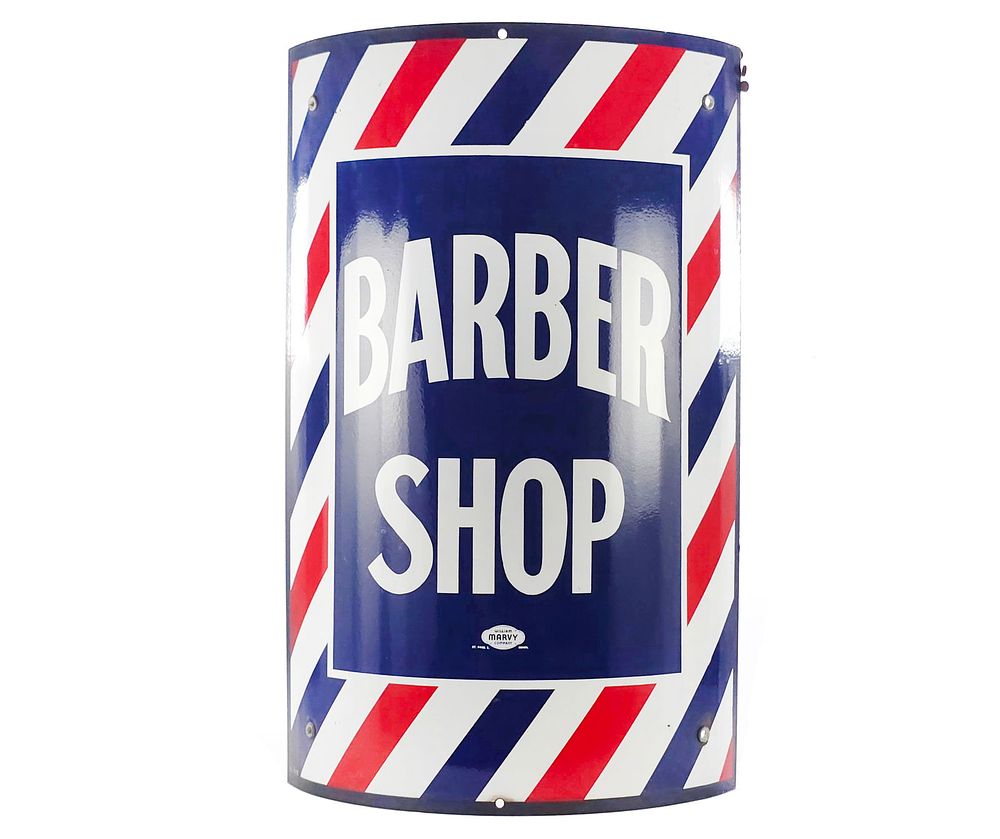Lot 183: William Marvy Co. Barber Shop Curved Porcelain Sign