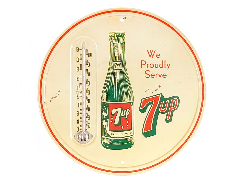 Lot 206: Vintage 7-Up Round Advertising Thermometer 9"
