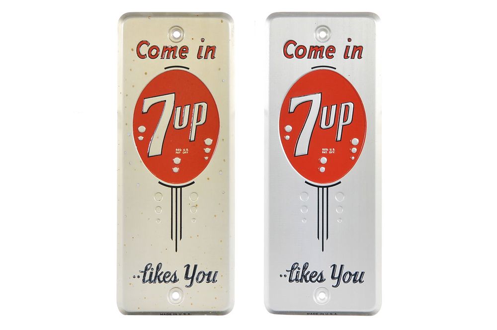 Lot 395: (2) Come In 7-Up Likes You Steel Door Pushes Gold/Silver