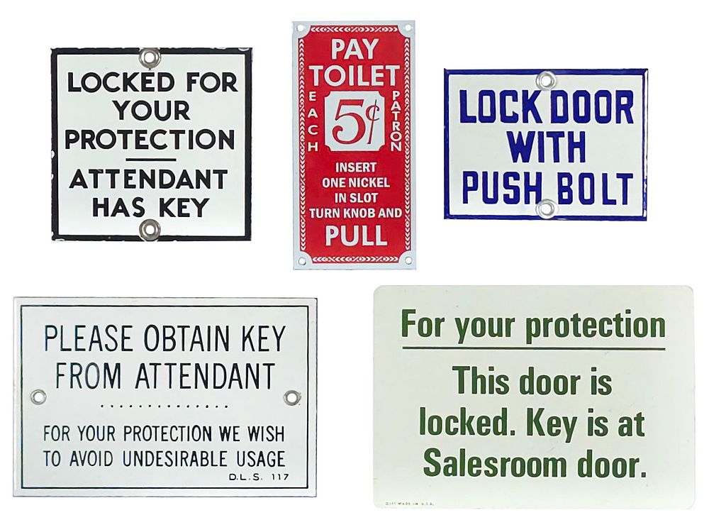 Lot 424: (5) Porcelain Bathroom Informational Signs