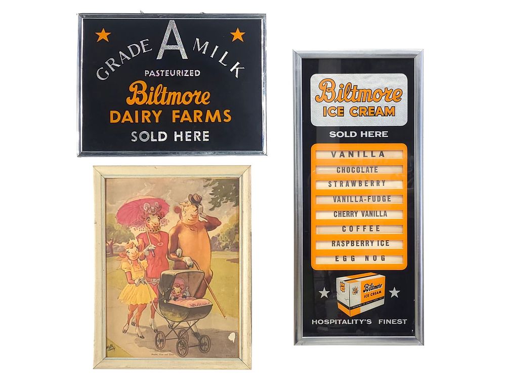 Lot 443: Biltmore Ice Cream Glass Menu & Borden Dairy Mascots Artograph